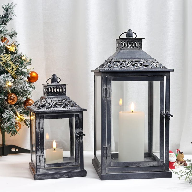 JHY DESIGN Set of 2 Antique Grey Brush Decorative Lanterns Metal Candle Lanterns for Indoor Outdoor Events Paritie and Weddings Vintage Style Hanging Lantern(with Glass) - Image 4